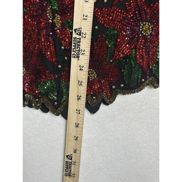 Laurence Kazar Silk Poinsettia Beaded Sequin Black Red Top Vtg 80s Size 1X EUC - Picture 7 of 8